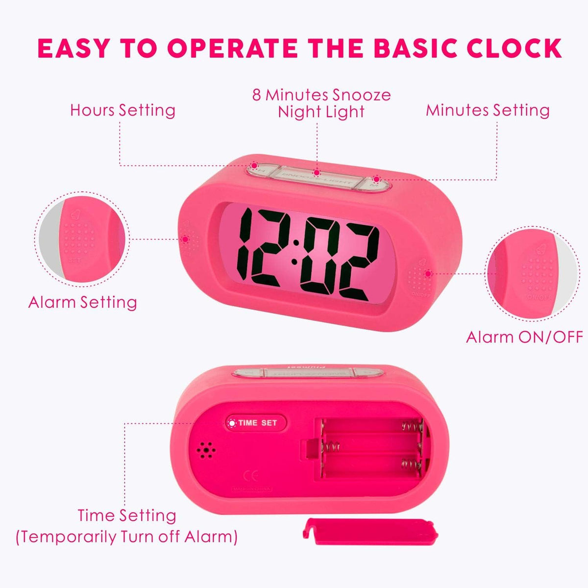Kids Alarm Clock Large Digital LCD Travel Alarm Clocks with Snooze and Night Light - Ascending Sound and Handheld Sized - Best Gift for Kids (Pink)