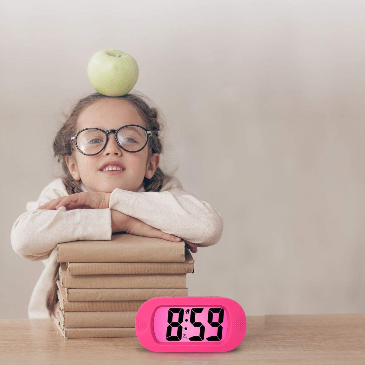 Kids Alarm Clock Large Digital LCD Travel Alarm Clocks with Snooze and Night Light - Ascending Sound and Handheld Sized - Best Gift for Kids (Pink)
