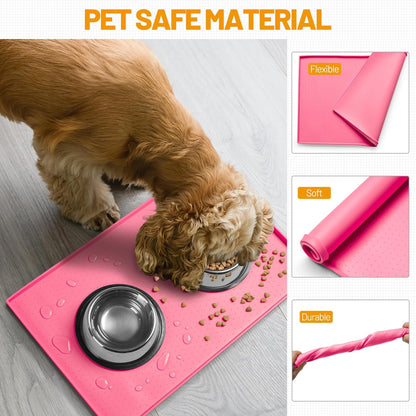 Dog Feeding Mat,100% Waterproof Food Grade Silicone Pet Food and Water Bowl Placemat,Dishwasher, High Raised Edge to Prevent Spills,Nonslip Tray to Stop Messes on Floor (19"x12"x0.5", Pink)