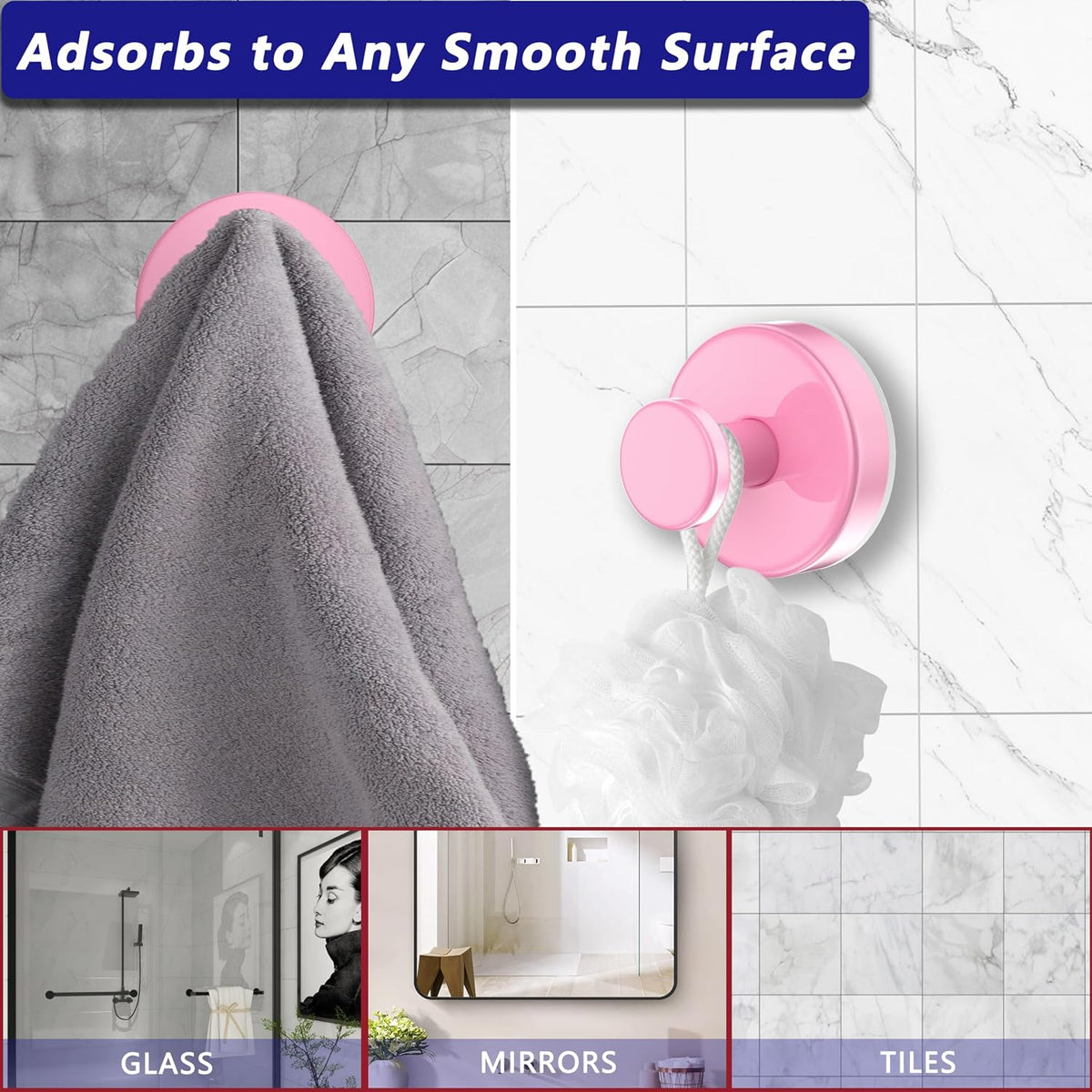Suction Cup Hooks for Shower,Removable No Drill Towel Hooks,Pink 2 Pcs