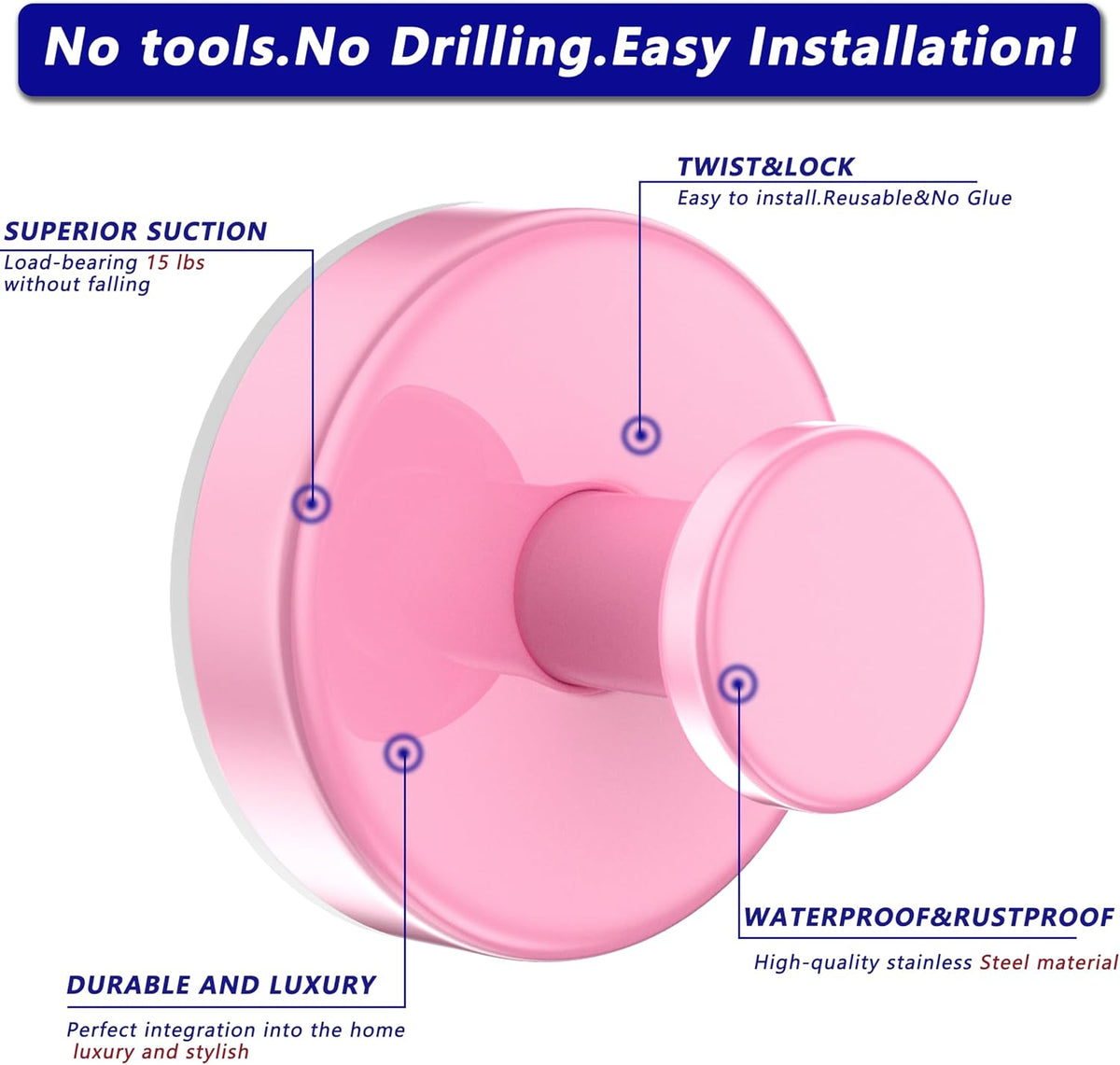 Suction Cup Hooks for Shower,Removable No Drill Towel Hooks,Pink 2 Pcs