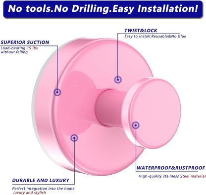 Suction Cup Hooks for Shower,Removable No Drill Towel Hooks,Pink 2 Pcs