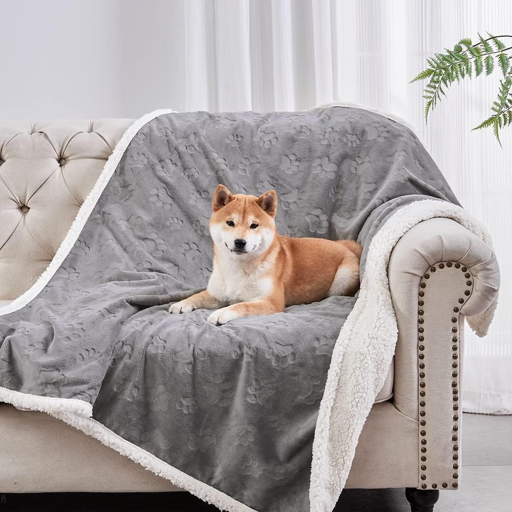 Qeils Pet Blankets for Cats - Waterproof Cat Blanket Washable - Sherpa Fleece Puppy Blanket, Soft Plush Reversible Throw Protector for Bed Couch Car Sofa, 25"X30", Grey