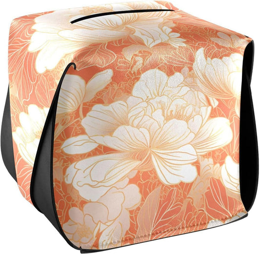 Leather Tissue Holder Hanging Napkin Visor Holder Reusable auto Tissue Dispenser Chinese Style Floral Peach Gold