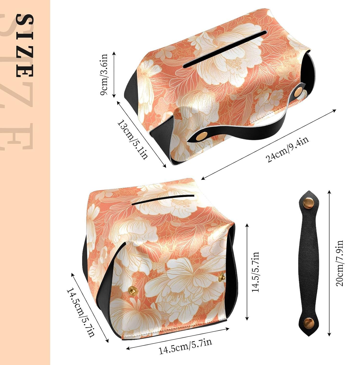 Leather Tissue Holder Hanging Napkin Visor Holder Reusable auto Tissue Dispenser Chinese Style Floral Peach Gold