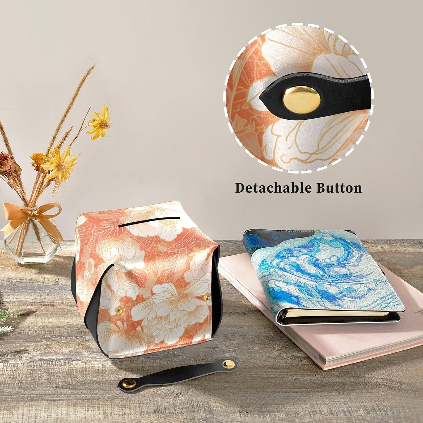 Leather Tissue Holder Hanging Napkin Visor Holder Reusable auto Tissue Dispenser Chinese Style Floral Peach Gold