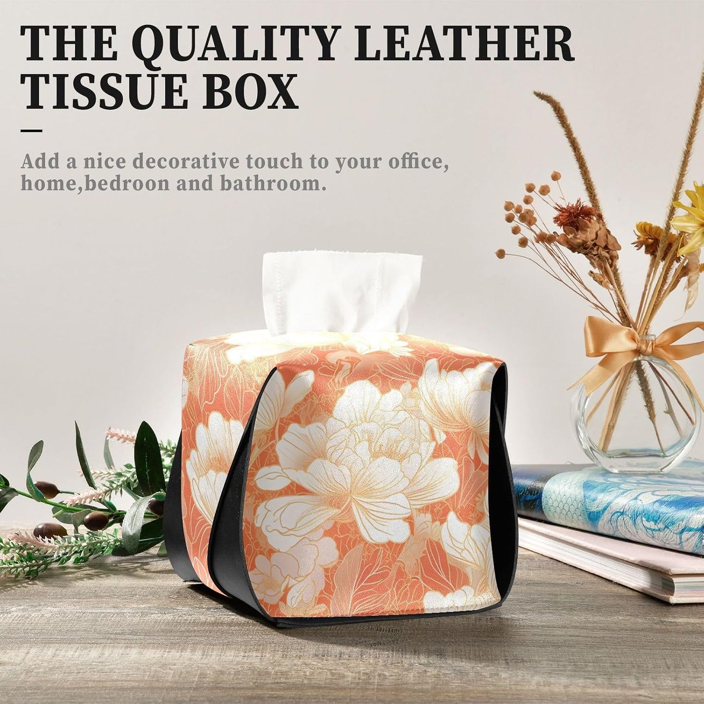 Leather Tissue Holder Hanging Napkin Visor Holder Reusable auto Tissue Dispenser Chinese Style Floral Peach Gold