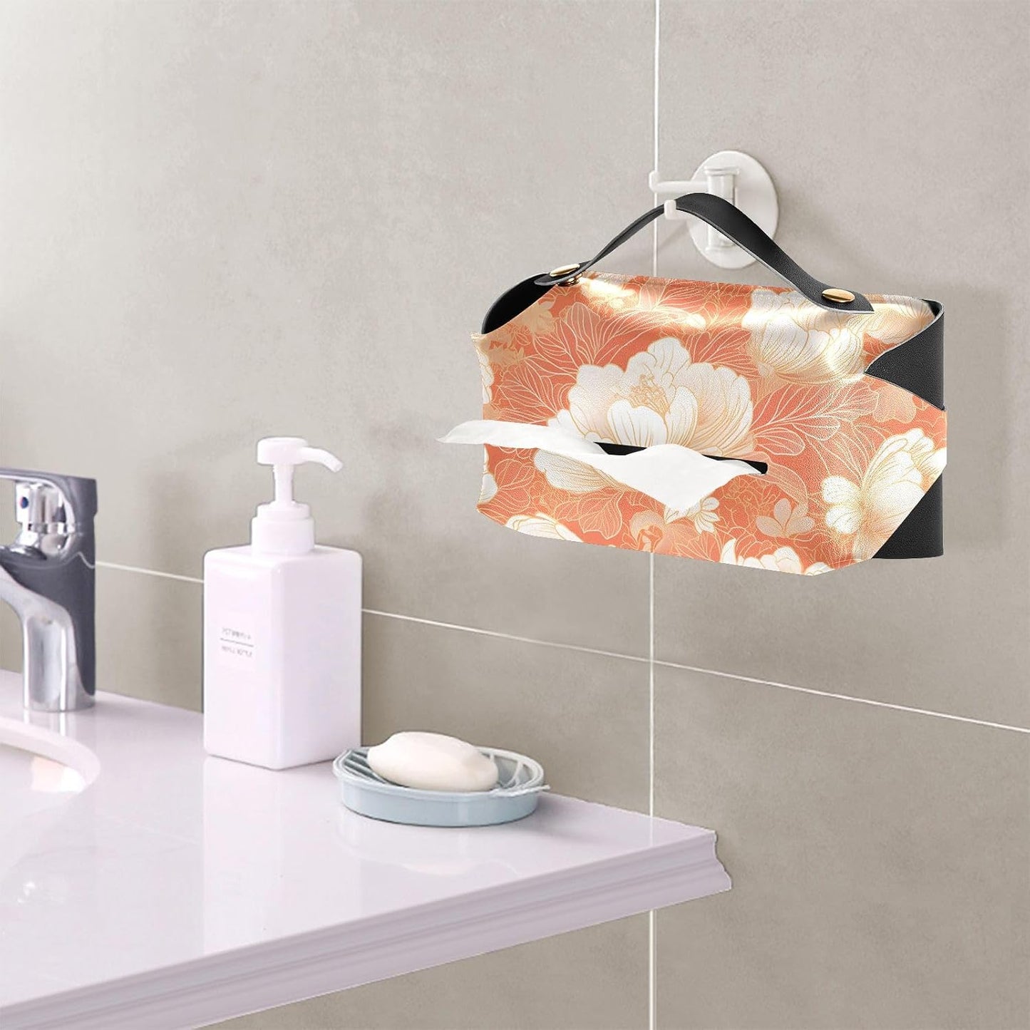Leather Tissue Holder Hanging Napkin Visor Holder Reusable auto Tissue Dispenser Chinese Style Floral Peach Gold