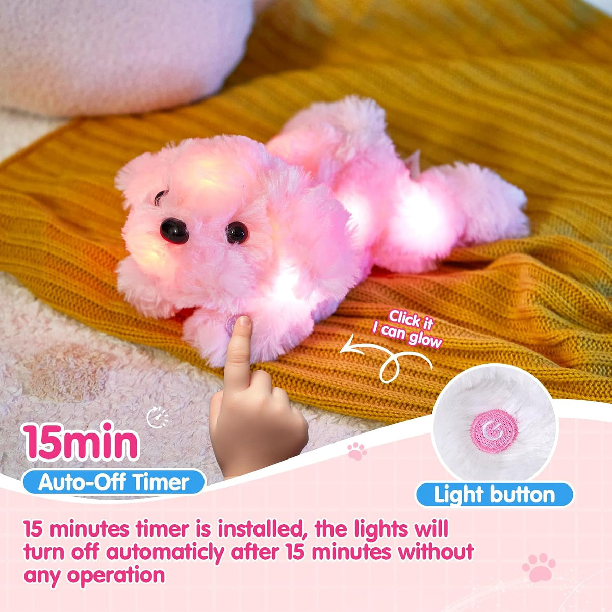 10'' Light up Puppy Dog Stuffed Animal Night Light Glow Dog Plush Toy,Pink
