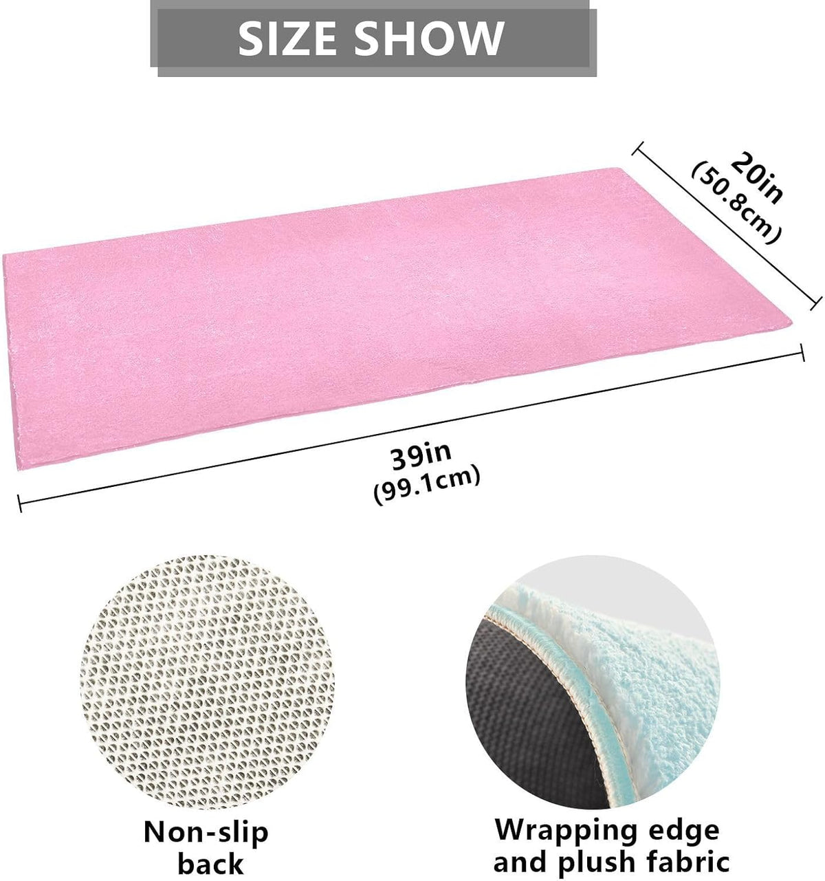 Bath Mat 39x20 Inch, Beautiful Pink Solid Color Soft Absorbent Plush Rug, Non-Slip Washable Floor Mat for Bathroom Bedroom Kitchen Entryway Carpet