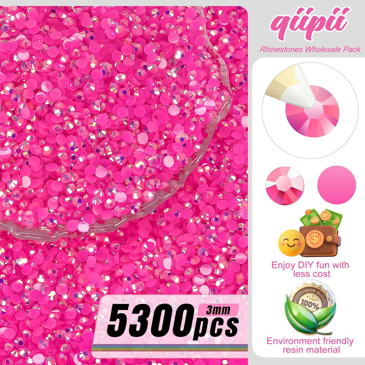 5300PCS 3mm Hot Pink AB Resin Rhinestones Bulk Rose Pink Flatback Jelly Resin Stones Pack SS10 Diamonds Crystals Gems Charms Supplies for Nails Face Eyes Makeup Tumblers DIY Crafts Decor Shoes