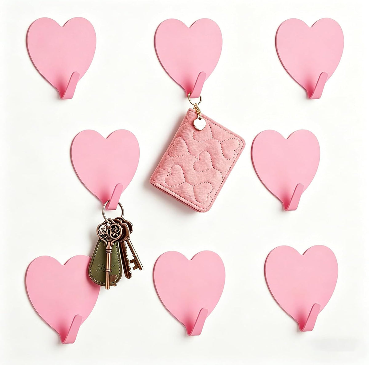 8-Pack Cute Adhesive Wall Hooks, Small Kawaii Heart Decor Hook for Hanging