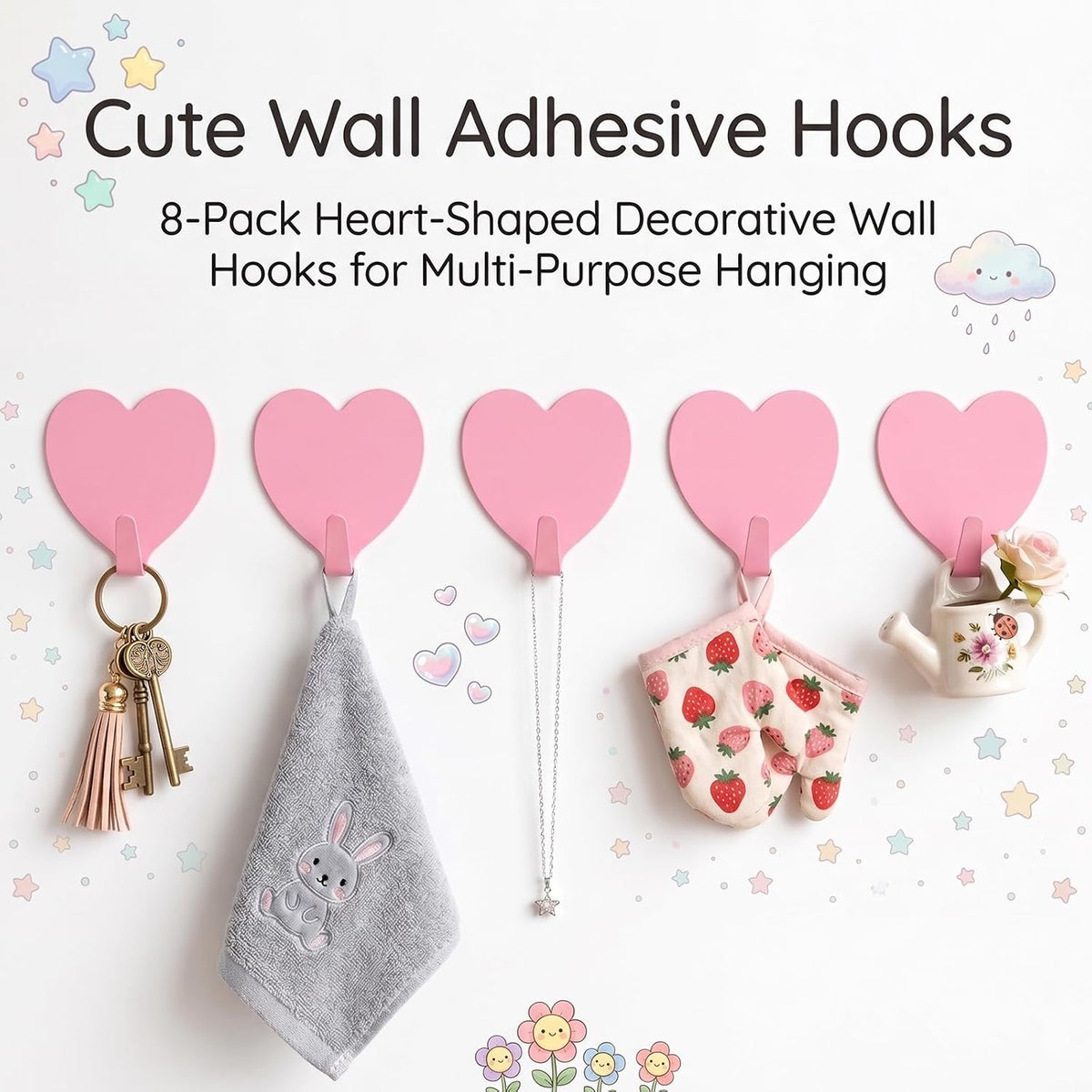 8-Pack Cute Adhesive Wall Hooks, Small Kawaii Heart Decor Hook for Hanging