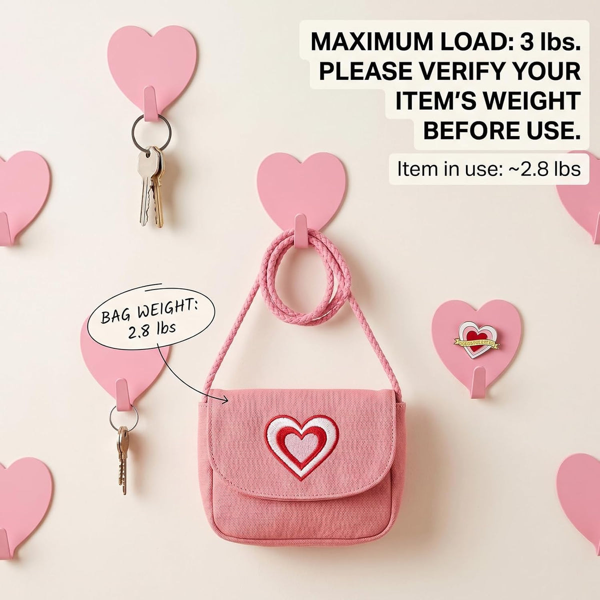 8-Pack Cute Adhesive Wall Hooks, Small Kawaii Heart Decor Hook for Hanging