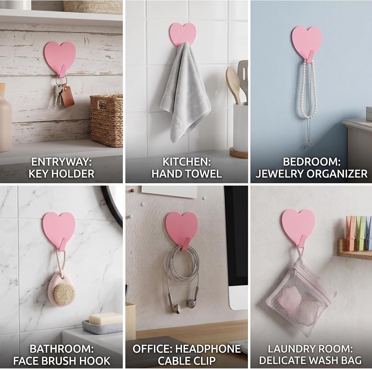 8-Pack Cute Adhesive Wall Hooks, Small Kawaii Heart Decor Hook for Hanging