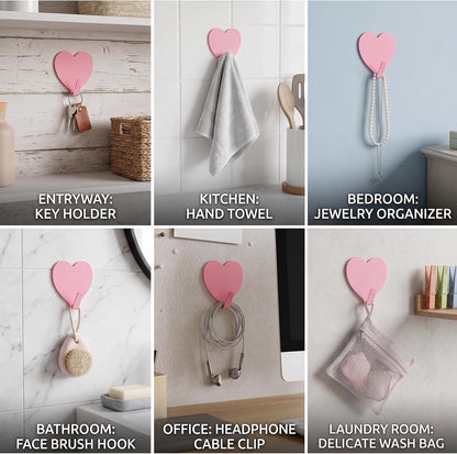 8-Pack Cute Adhesive Wall Hooks, Small Kawaii Heart Decor Hook for Hanging