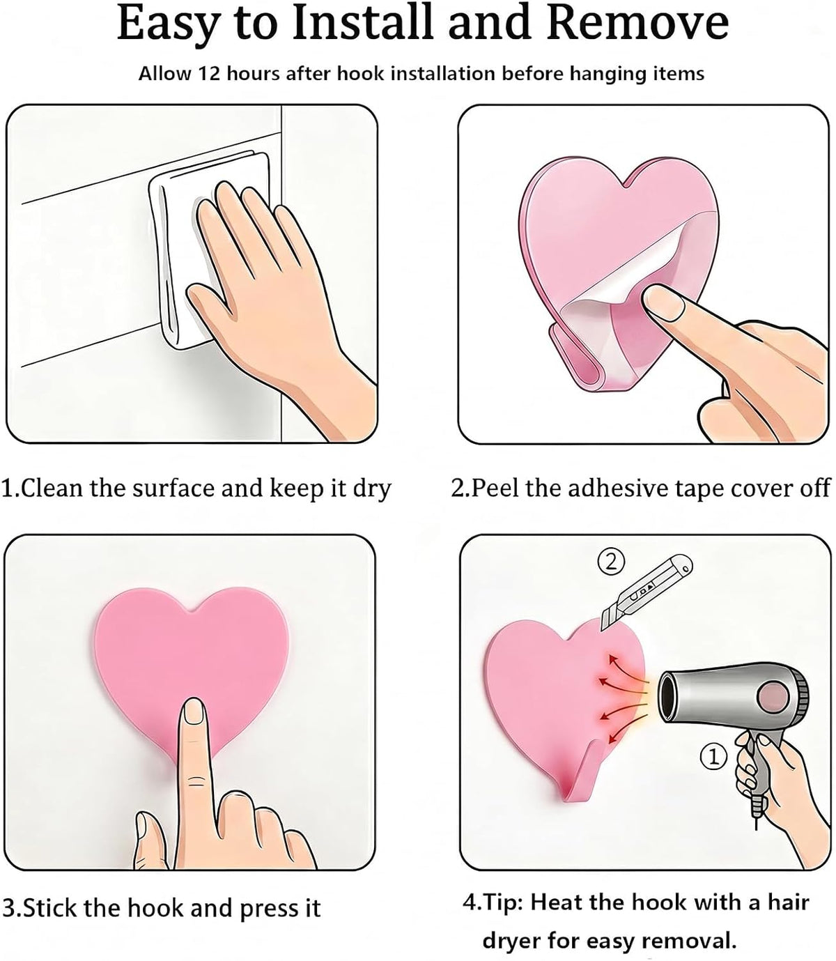 8-Pack Cute Adhesive Wall Hooks, Small Kawaii Heart Decor Hook for Hanging