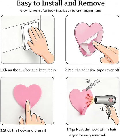 8-Pack Cute Adhesive Wall Hooks, Small Kawaii Heart Decor Hook for Hanging