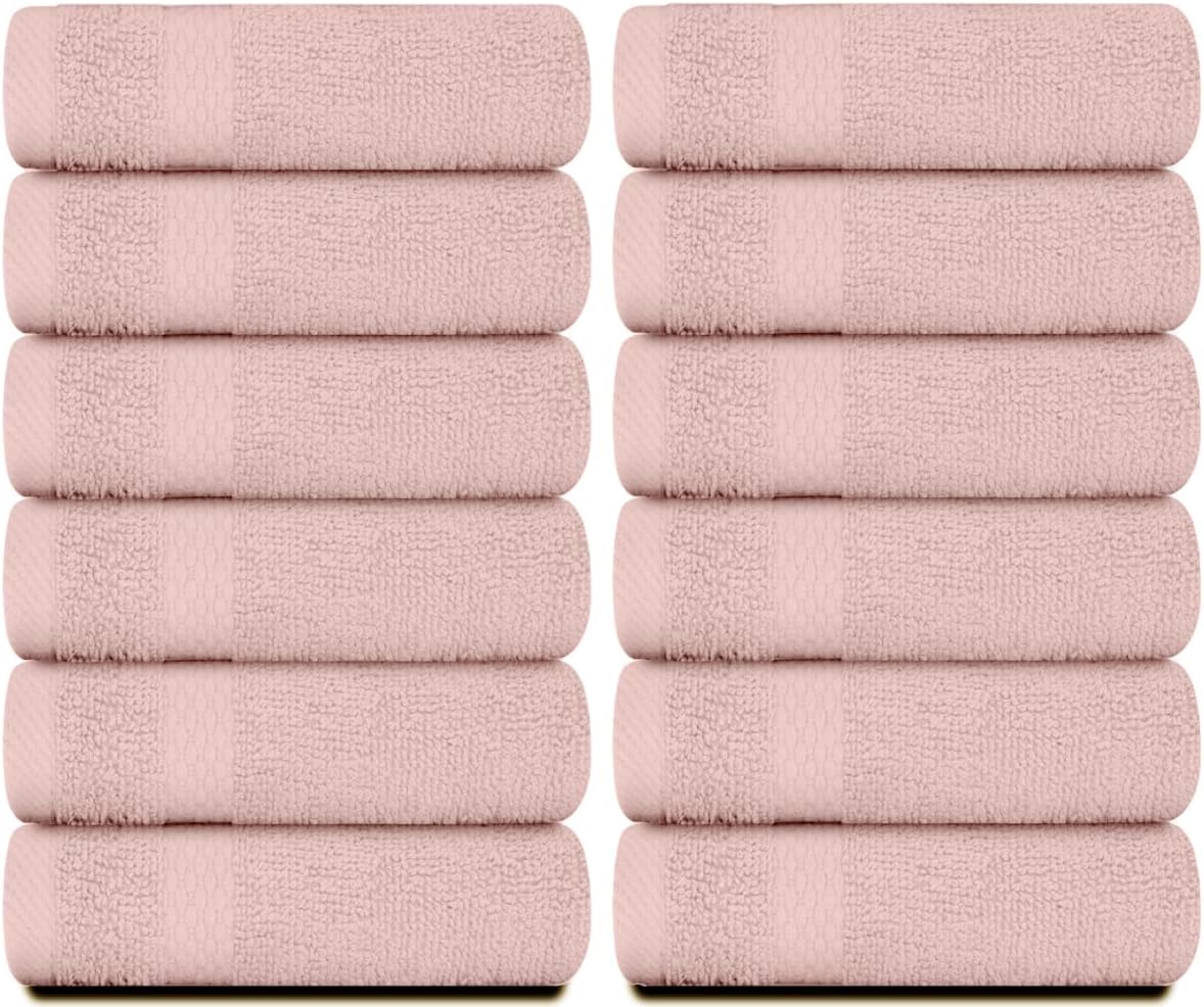 Luxury Cotton Washcloths 13x13 Inch - 650 GSM Turkish Cotton | Hotel, Spa, Bathroom Face Towel | 12 Pack, Pink