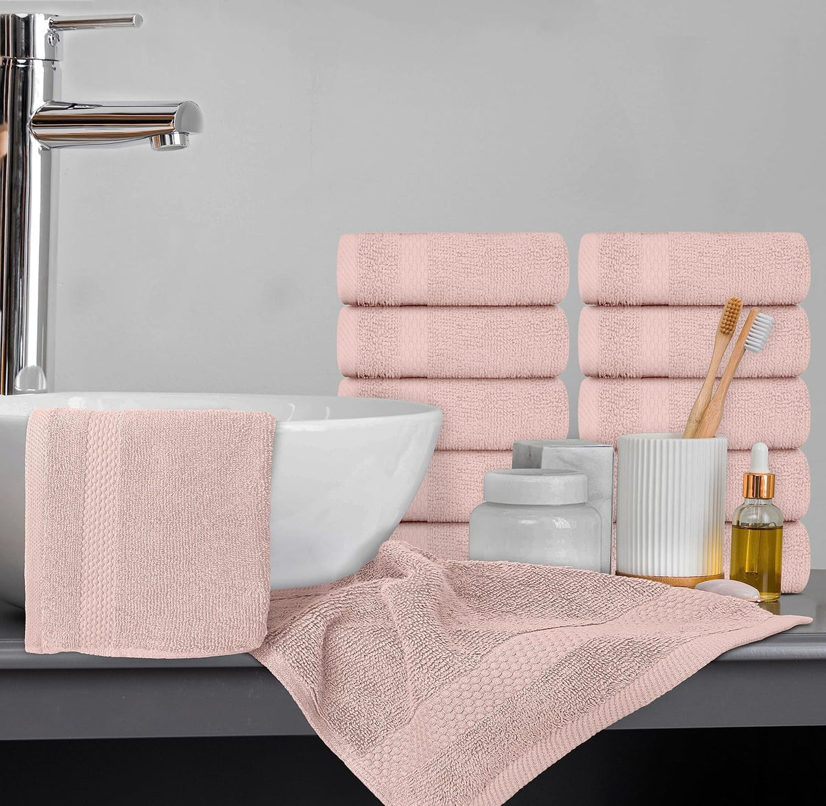 Luxury Cotton Washcloths 13x13 Inch - 650 GSM Turkish Cotton | Hotel, Spa, Bathroom Face Towel | 12 Pack, Pink