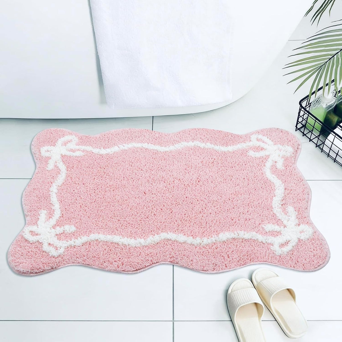 Pink Bow Bath Mat Cute Non Slip Bathroom Rug,Microfiber Super Soft Absorbent Bathroom Mat for Floor, Shower(24x16 inch)