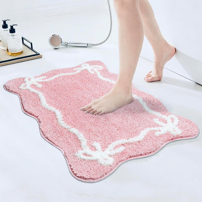 Pink Bow Bath Mat Cute Non Slip Bathroom Rug,Microfiber Super Soft Absorbent Bathroom Mat for Floor, Shower(24x16 inch)