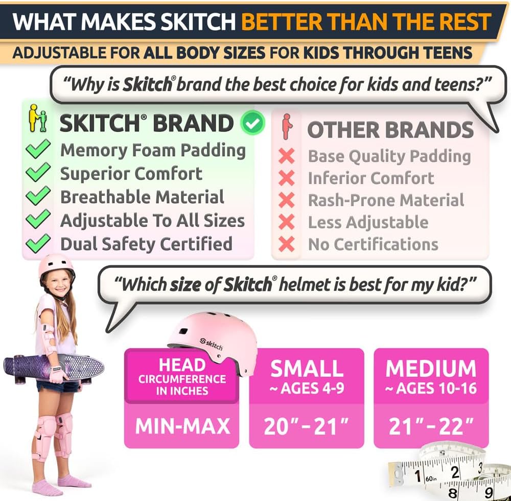 Skateboard Helmet for Kids and Teens with Premium Grade Memory Foam Padding Triple Certified Adjustable Sport Head Gear for Scooter Roller Skate Inline Skating and Rollerblading