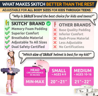Skateboard Helmet for Kids and Teens with Premium Grade Memory Foam Padding Triple Certified Adjustable Sport Head Gear for Scooter Roller Skate Inline Skating and Rollerblading