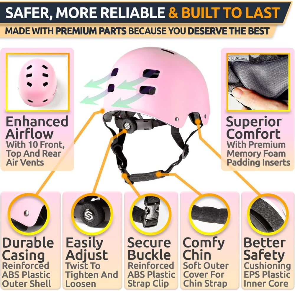 Skateboard Helmet for Kids and Teens with Premium Grade Memory Foam Padding Triple Certified Adjustable Sport Head Gear for Scooter Roller Skate Inline Skating and Rollerblading