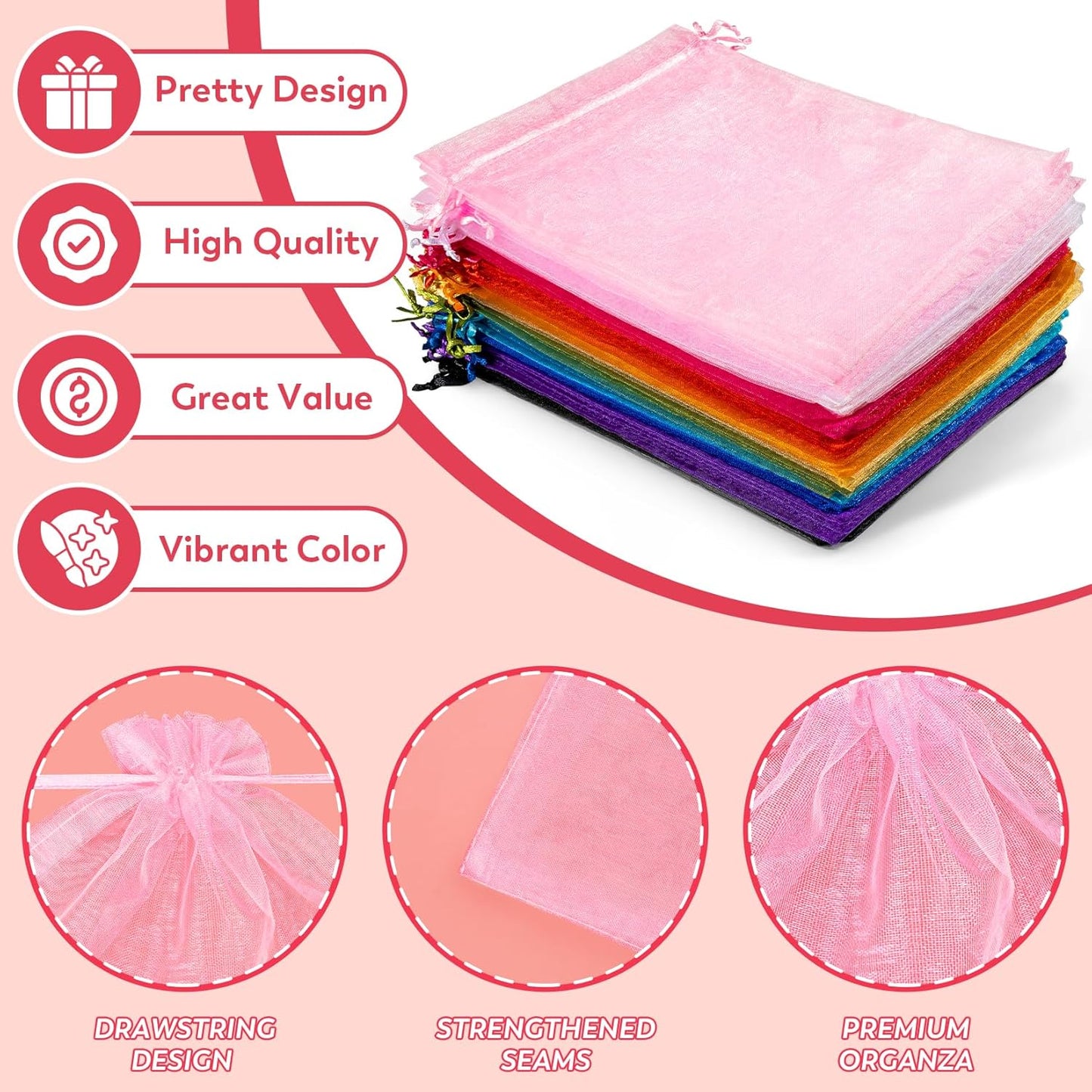 50 Pcs Pink Organza Bags 6x9 Inches, Large Mesh Gift Bags for Crafts Soap Candy, Jewelry Treat Mesh Bag Drawstring for Wedding Party Favors Baby Shower Goodie Gifts