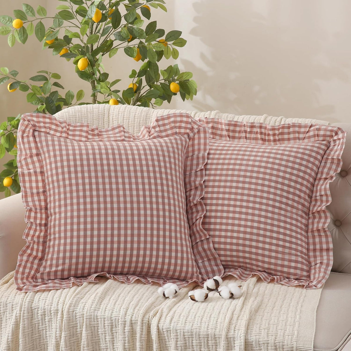 Cotton Pink Brown Gingham Throw Pillow Covers Linen Like, 18x18