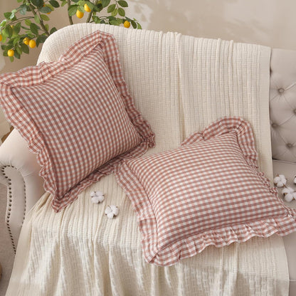 Cotton Pink Brown Gingham Throw Pillow Covers Linen Like, 18x18