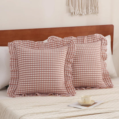 Cotton Pink Brown Gingham Throw Pillow Covers Linen Like, 18x18