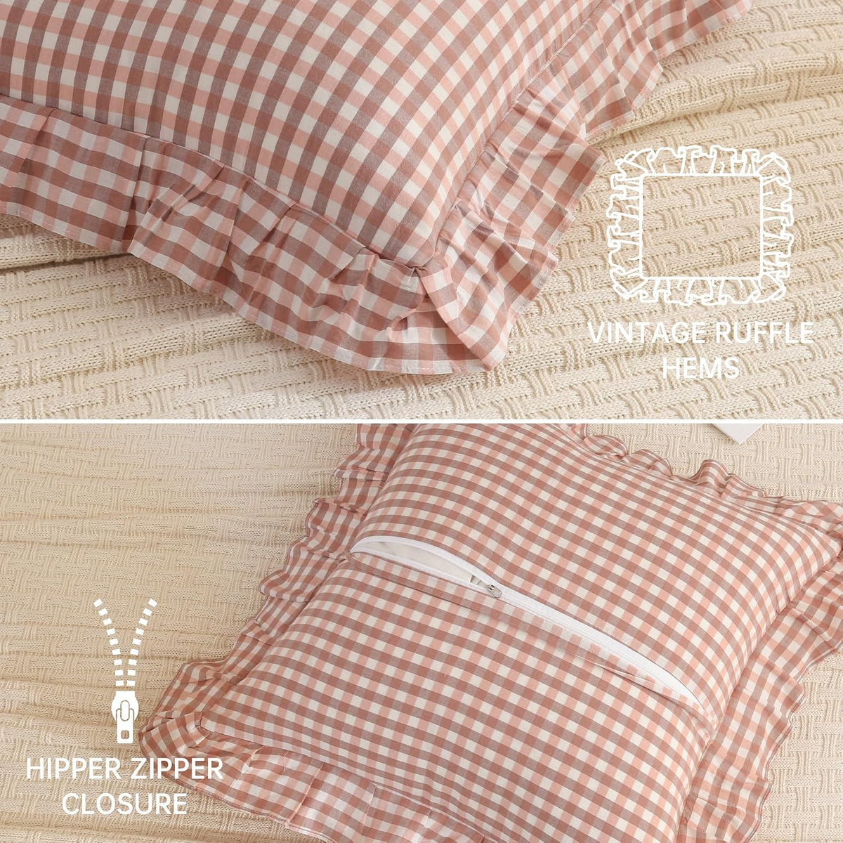Cotton Pink Brown Gingham Throw Pillow Covers Linen Like, 18x18