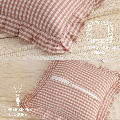 Cotton Pink Brown Gingham Throw Pillow Covers Linen Like, 18x18