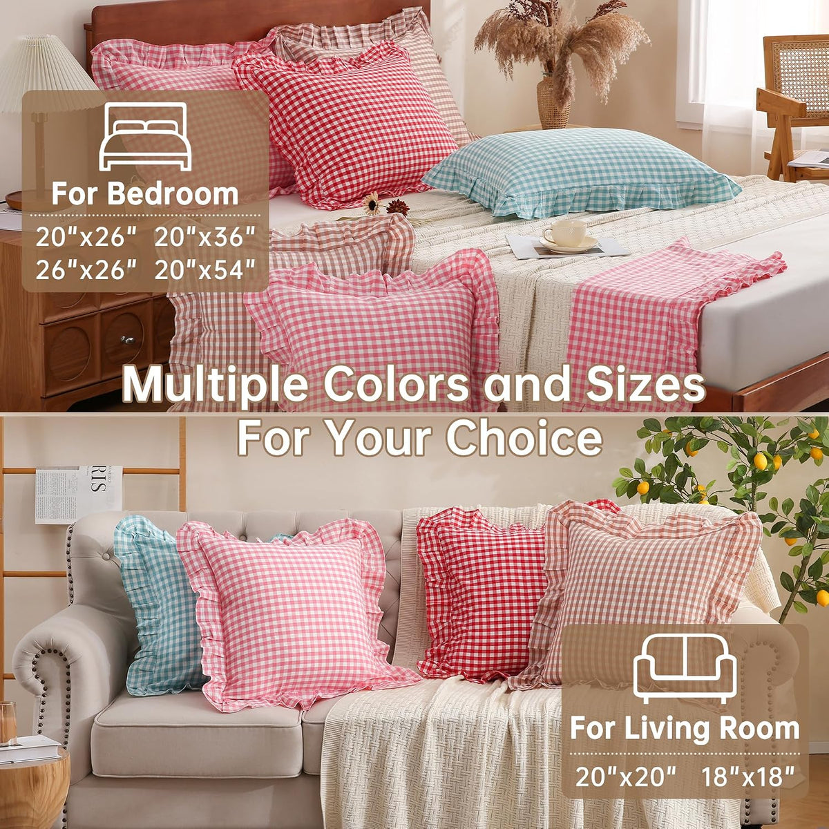 Cotton Pink Brown Gingham Throw Pillow Covers Linen Like, 18x18