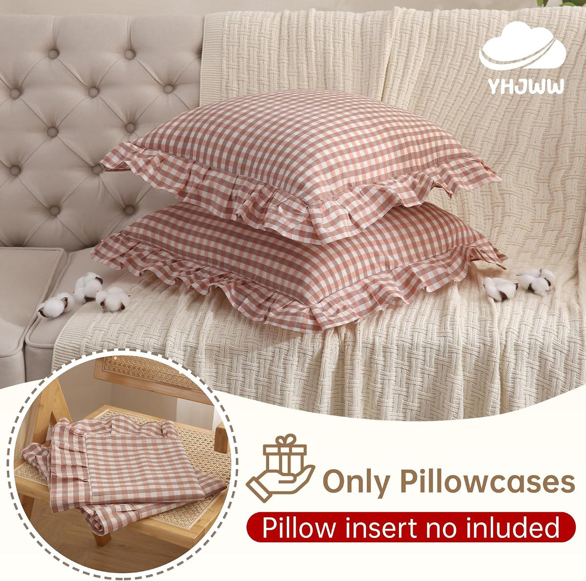 Cotton Pink Brown Gingham Throw Pillow Covers Linen Like, 18x18
