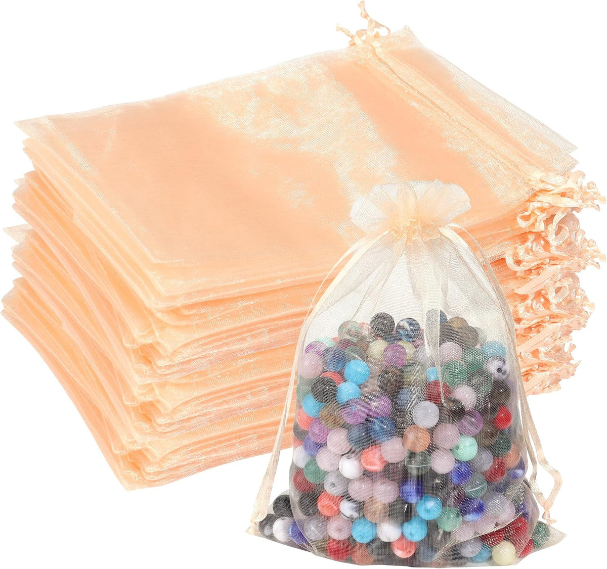 50Pcs Blush Peach Organza Bags,5x7 Inch Small Mesh Drawstring Bags