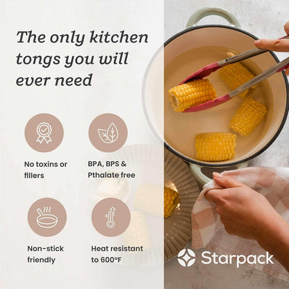 Starpack Get a Grip Silicone Kitchen Tongs (12 Inch) - LFGB Non Toxic, 600°F Heat Resistant, BPA-Free - Heavy-Duty Stainless Steel, Locking - Dishwasher Safe for Nonstick Cookware