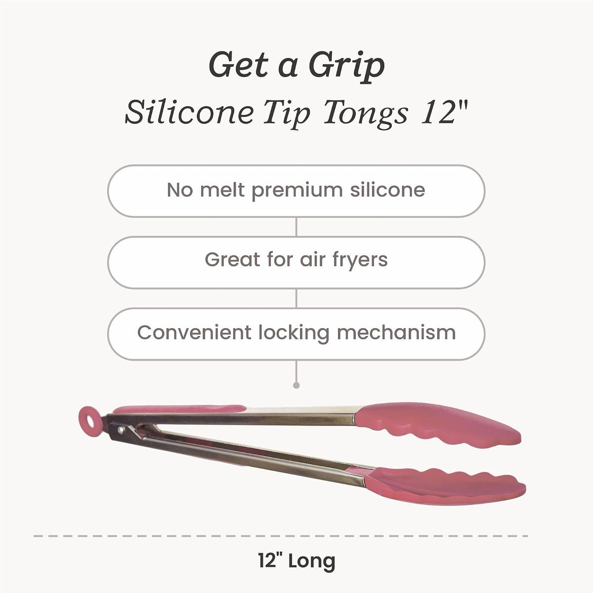 Starpack Get a Grip Silicone Kitchen Tongs (12 Inch) - LFGB Non Toxic, 600°F Heat Resistant, BPA-Free - Heavy-Duty Stainless Steel, Locking - Dishwasher Safe for Nonstick Cookware