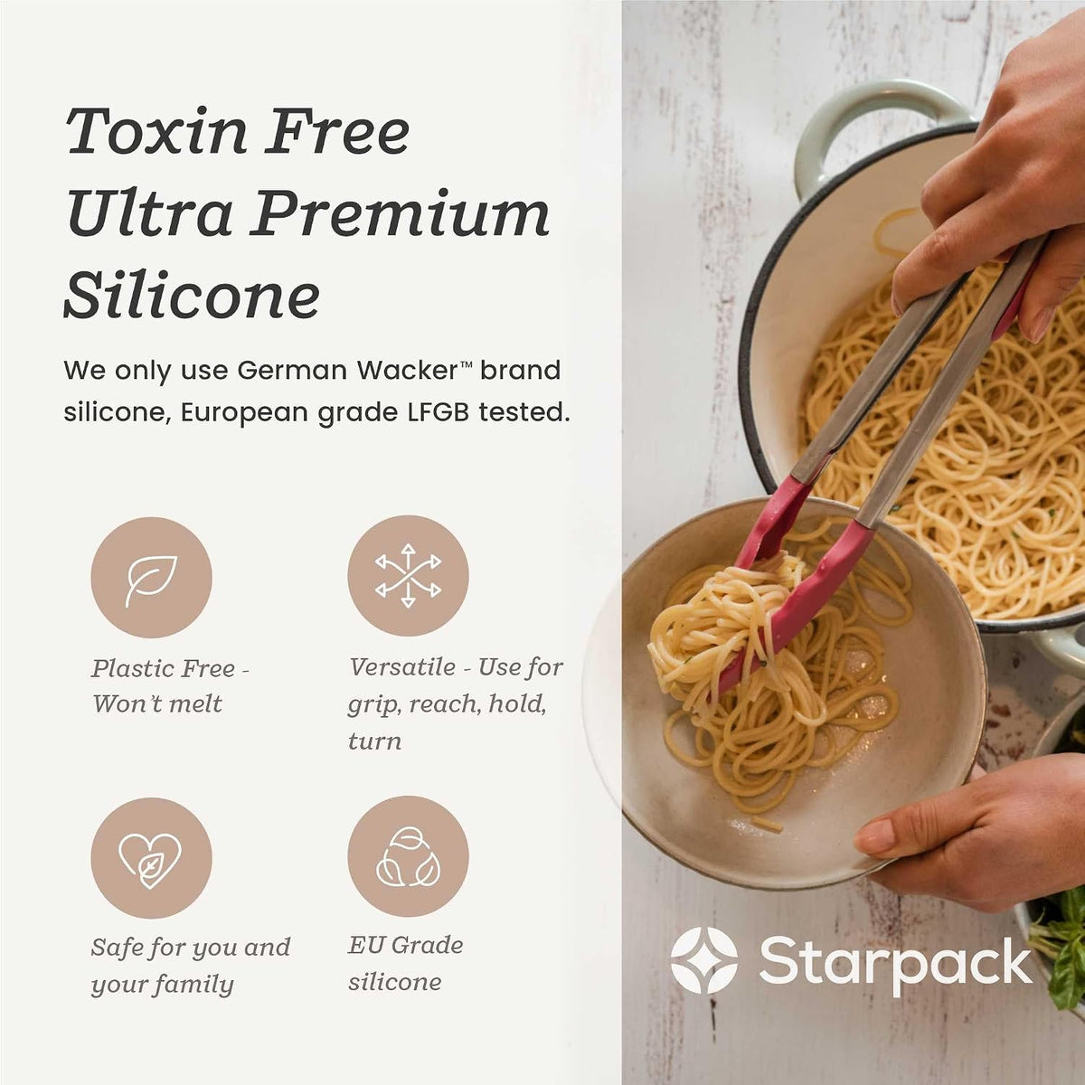 Starpack Get a Grip Silicone Kitchen Tongs (12 Inch) - LFGB Non Toxic, 600°F Heat Resistant, BPA-Free - Heavy-Duty Stainless Steel, Locking - Dishwasher Safe for Nonstick Cookware