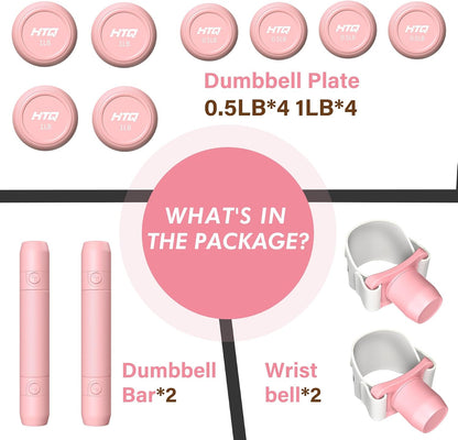 Adjustable Dumbbell Set for Women, 2-17LBS Total Plate Weight Home Workout Equipment with Kettlebell, Wrist Weights, Resistance Tube, Jump Rope, Pink/Green Free Weights Set for Women at Home