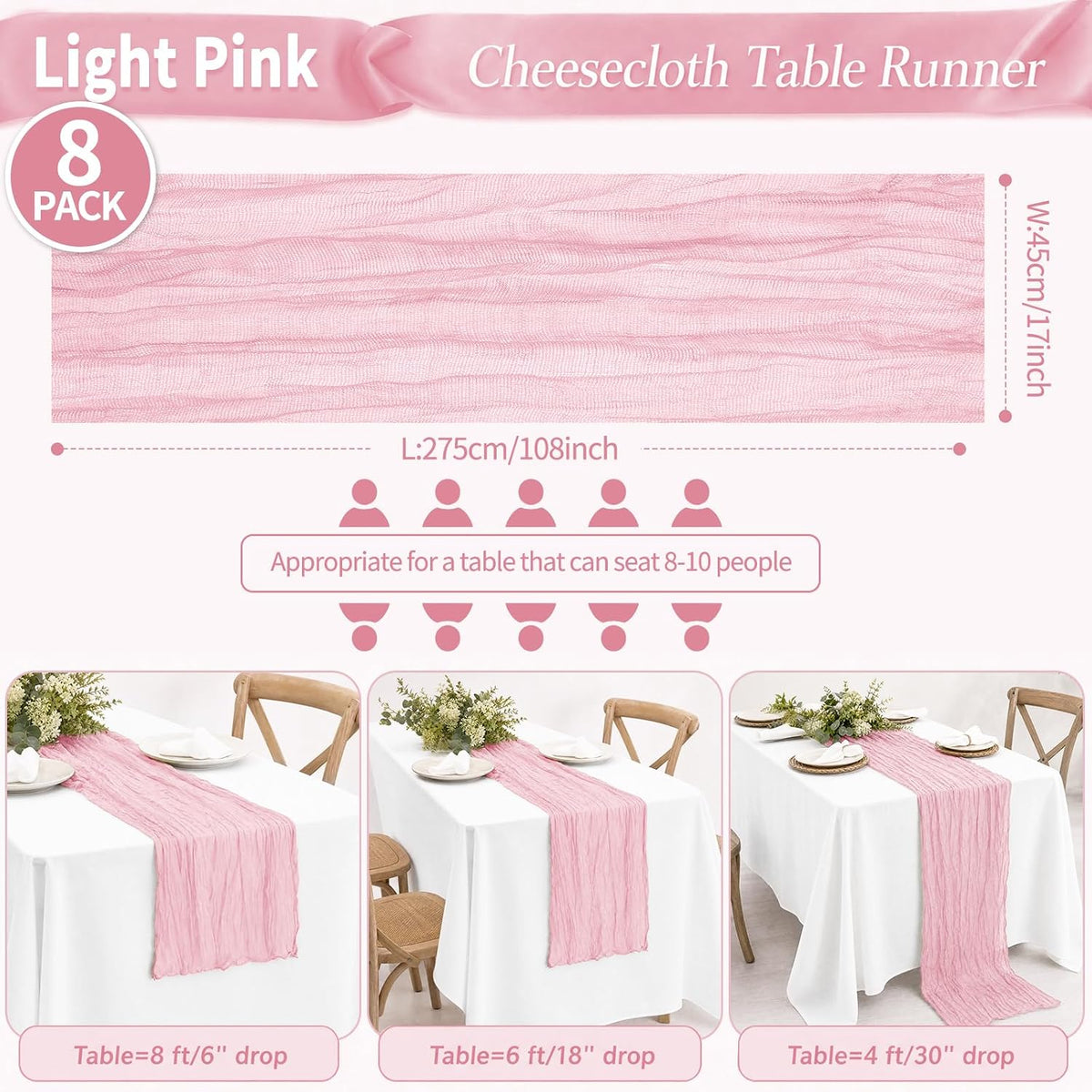 8 Pack Light Pink Cheesecloth Table Runners, 17 x 108 Inches