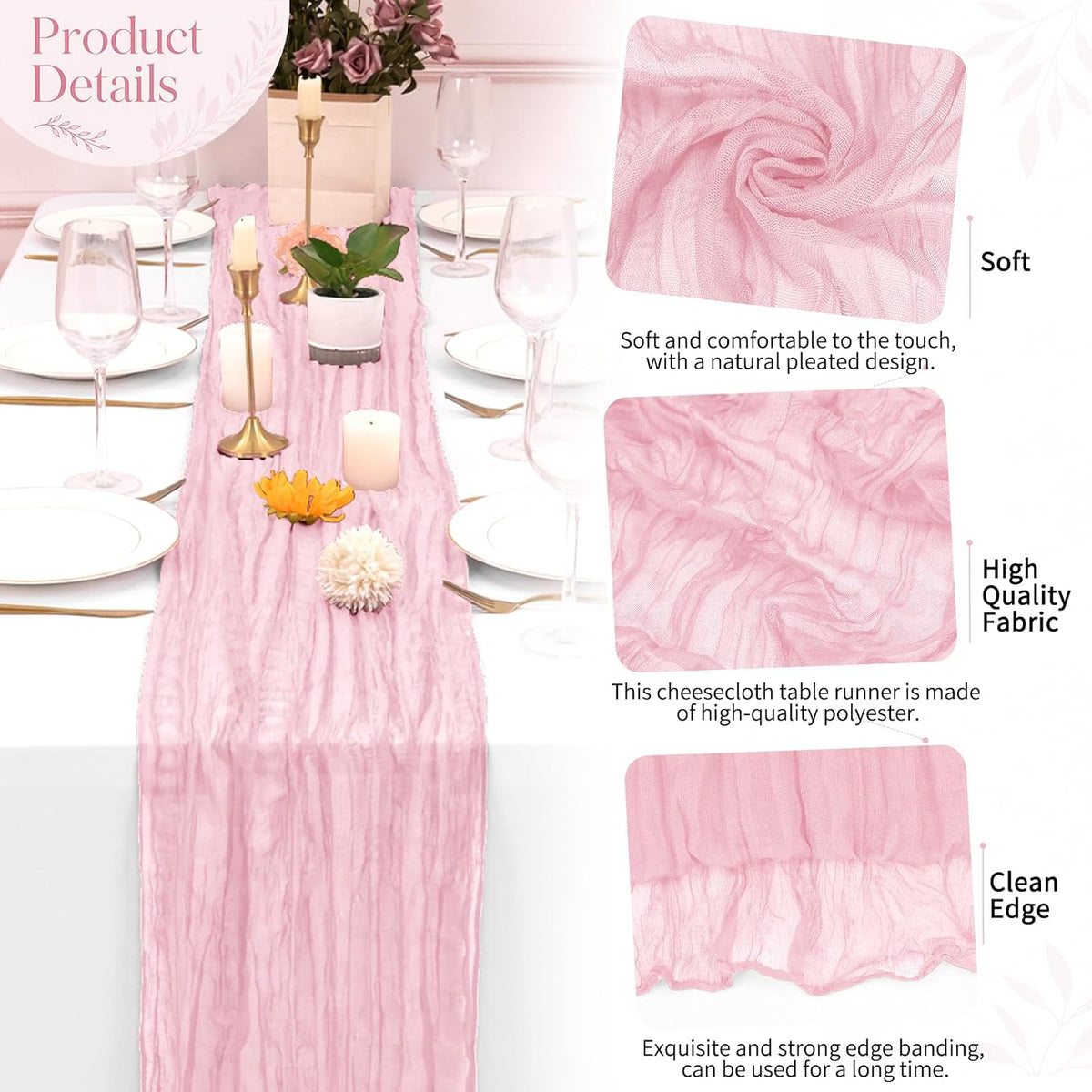8 Pack Light Pink Cheesecloth Table Runners, 17 x 108 Inches