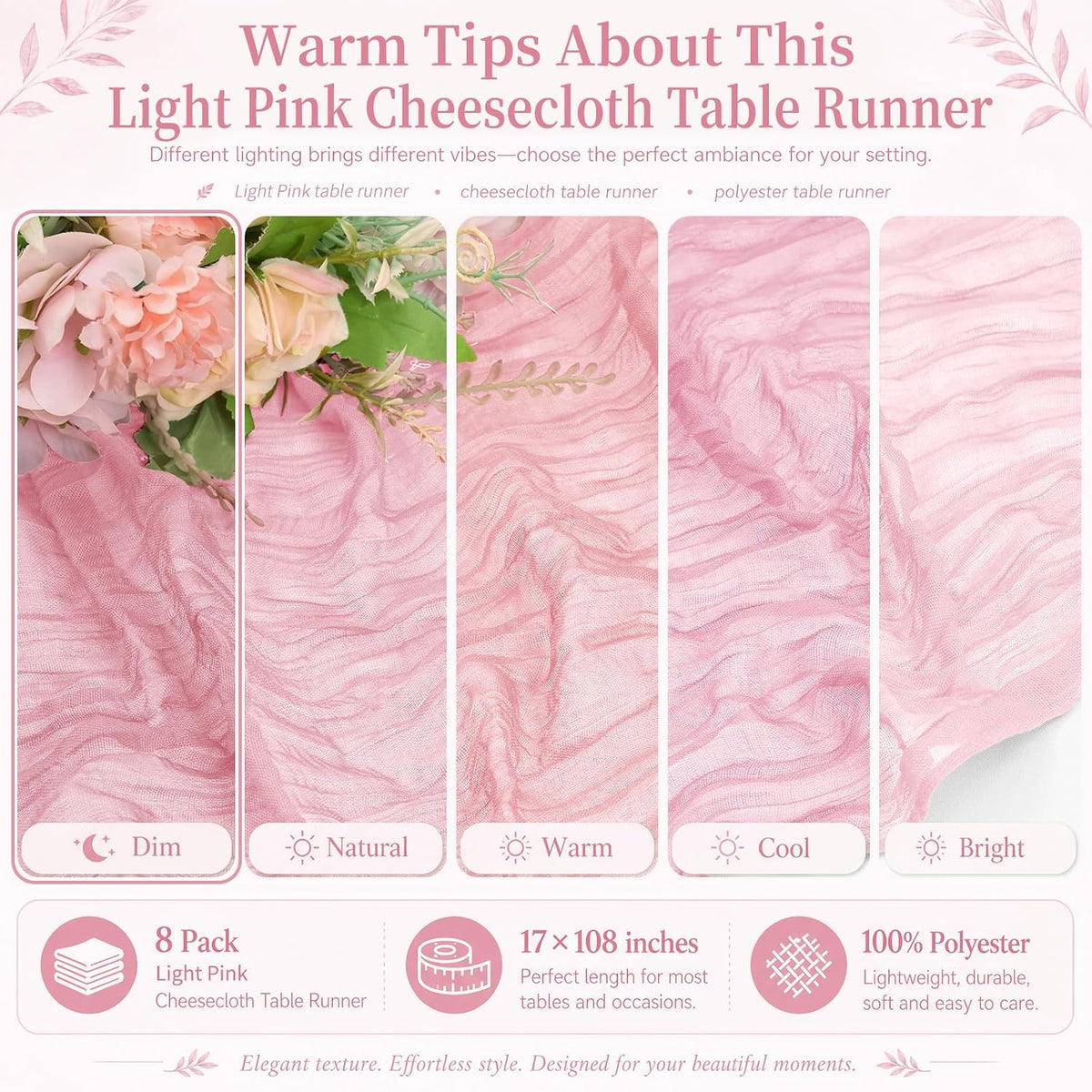8 Pack Light Pink Cheesecloth Table Runners, 17 x 108 Inches