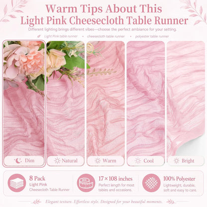 8 Pack Light Pink Cheesecloth Table Runners, 17 x 108 Inches