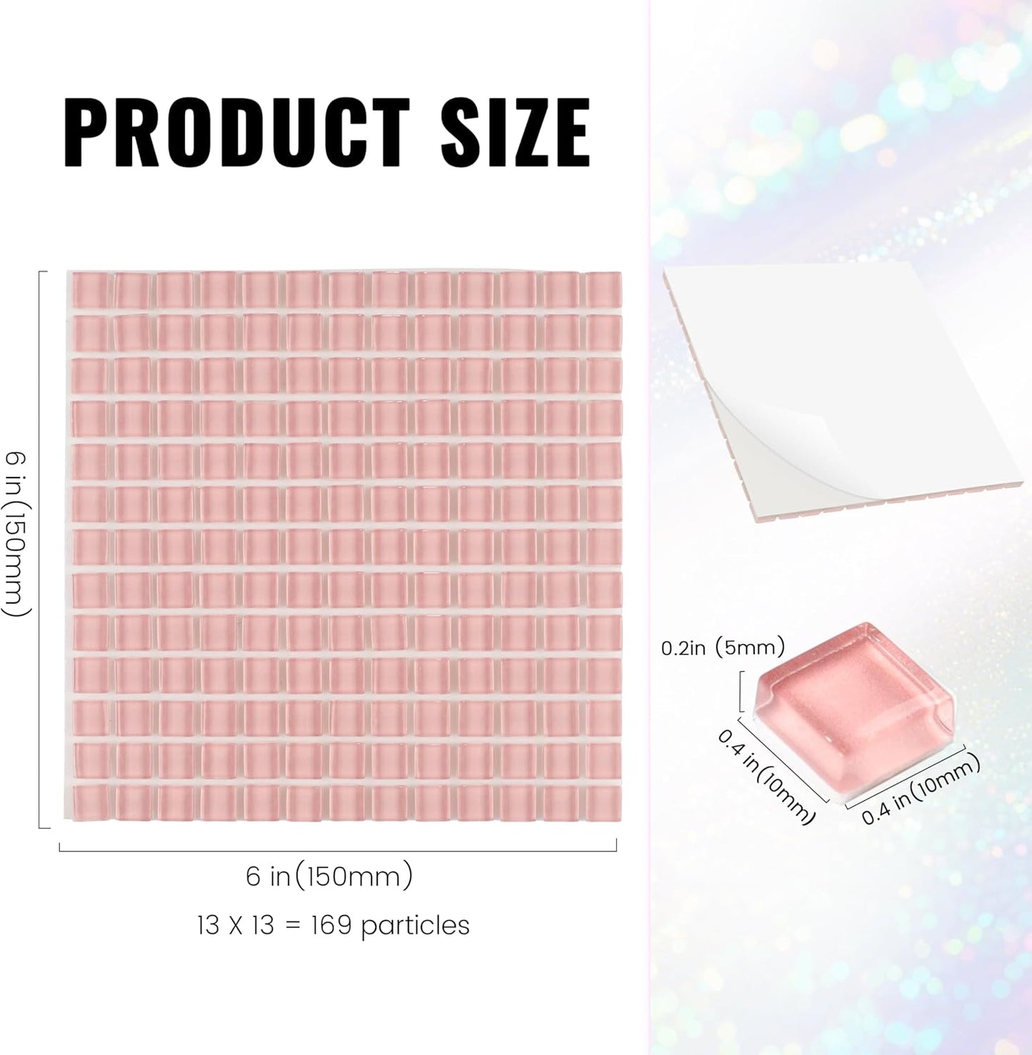 169 Particles Self-Adhesive 0.4X0.4 Inch Square Mosaic Tile. Hobbies Children Handmade Crystal Glass Tiles, Art Crafts, Mosaic Making Projects, Home Decoration DIY Art Projects (Pink)