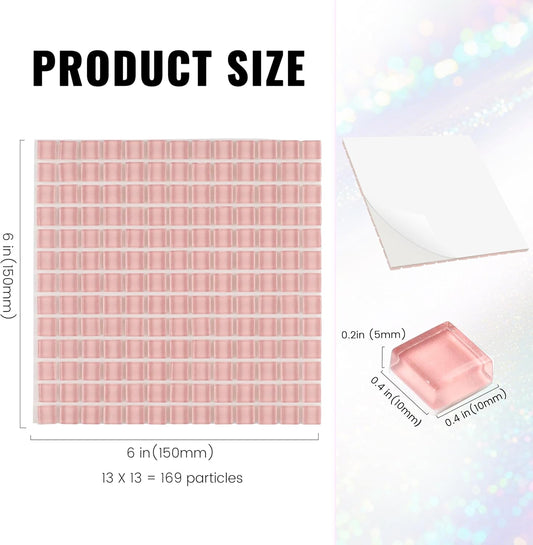 169 Particles Self-Adhesive 0.4X0.4 Inch Square Mosaic Tile. Hobbies Children Handmade Crystal Glass Tiles, Art Crafts, Mosaic Making Projects, Home Decoration DIY Art Projects (Pink)
