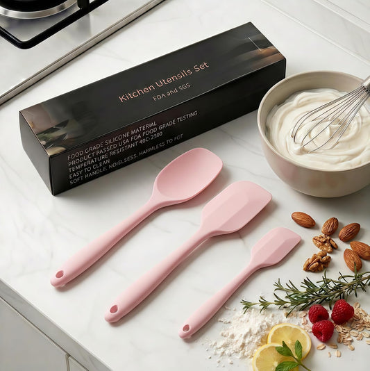 Silicone Spatula Set of 3, BPA-Free Heat Resistant Silicone Scraper Spoon Spatula for Baking, Cooking, Mixing, Non-Stick Kitchen Utensils Set (Dusty Pink)
