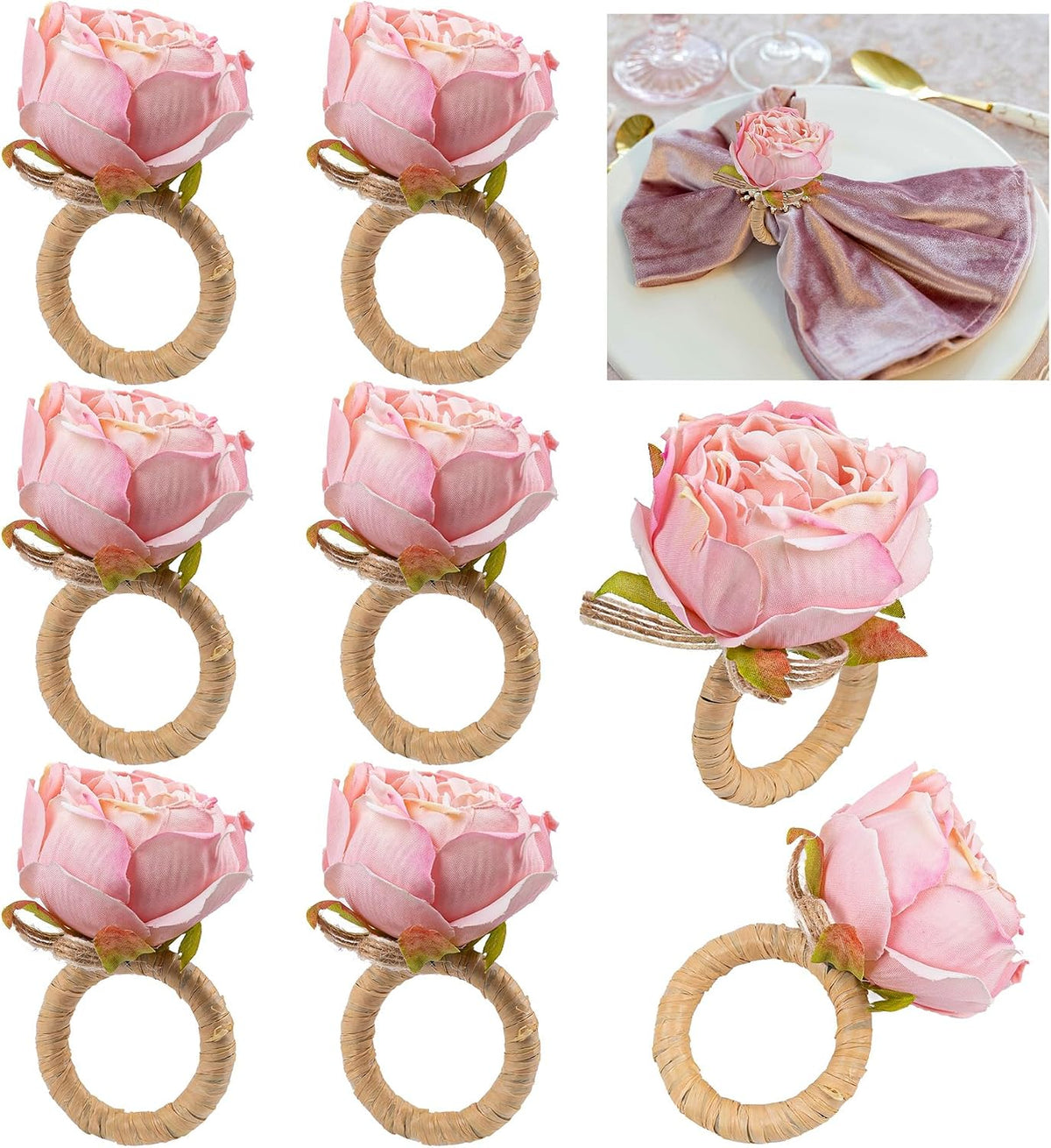 8 Pack Pink Flower Napkin Rings Set Table Decoration for Wedding Picnics Banquet Luncheons Valentine's